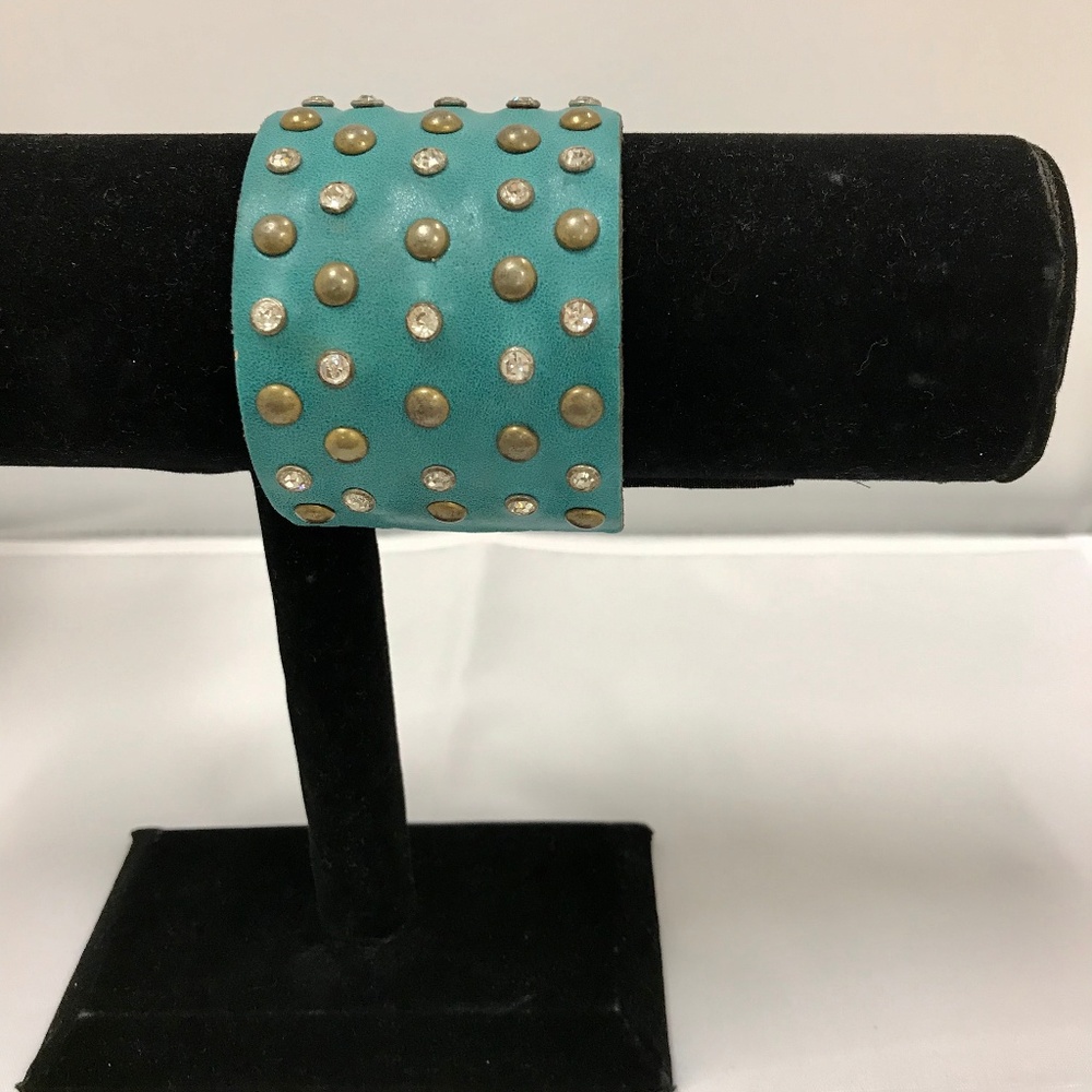 Leather Cuff Bracelet with Brass & Crystal Studs